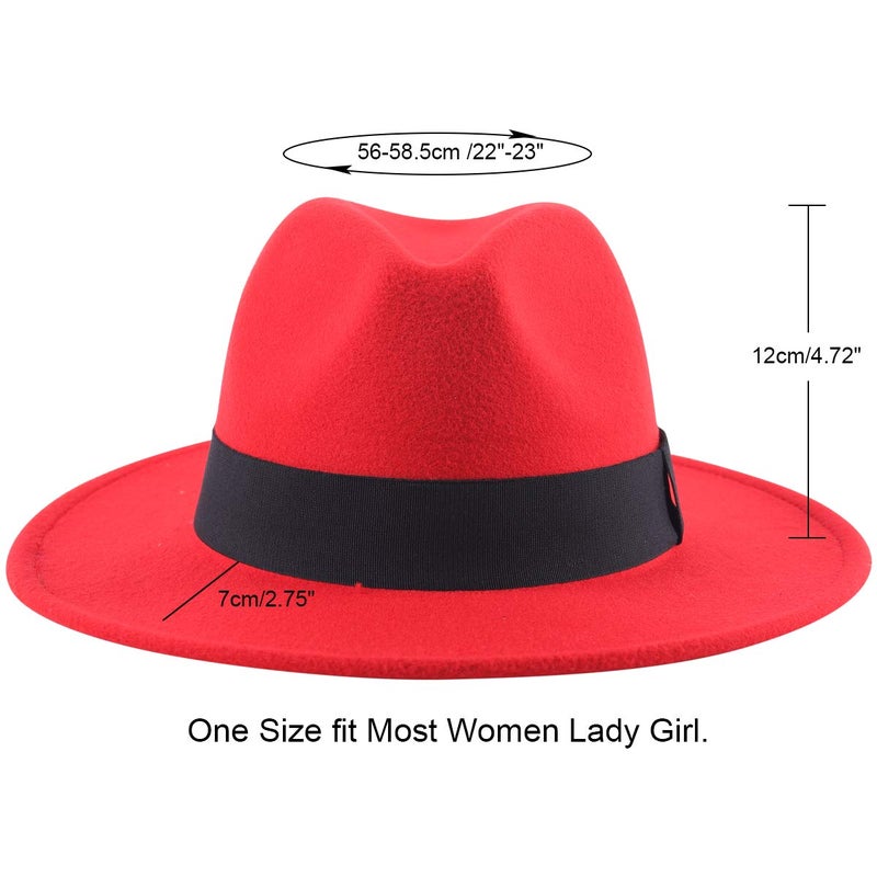 Lanzom Women Wide Brim Warm Wool Fedora Hat Retro Style Belt Panama Hat (Red, One Size) - Image 2